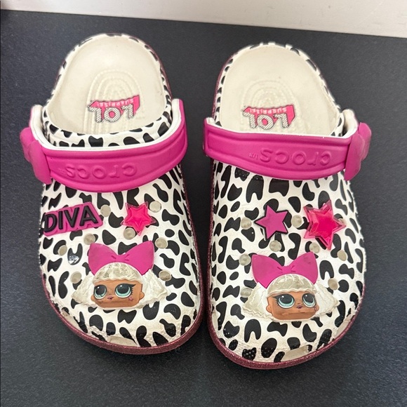 CROCS Kids' Pink and Black Patterned Slippers - Picture 1 of 2